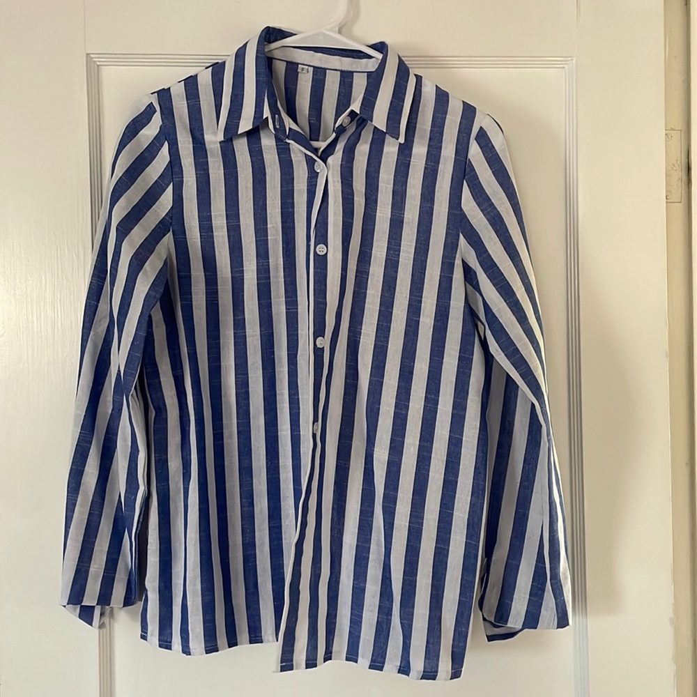 Linen Striped Button Down Blouse - image 1